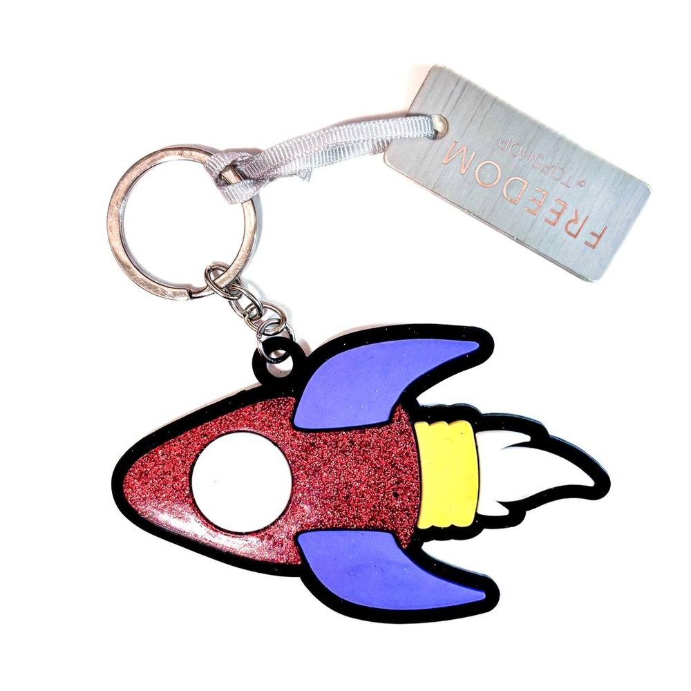 NEW - TOPSHOP Freedom Red Glitter Rocket Ship Fun $ Quirky Keychain Bag Charm